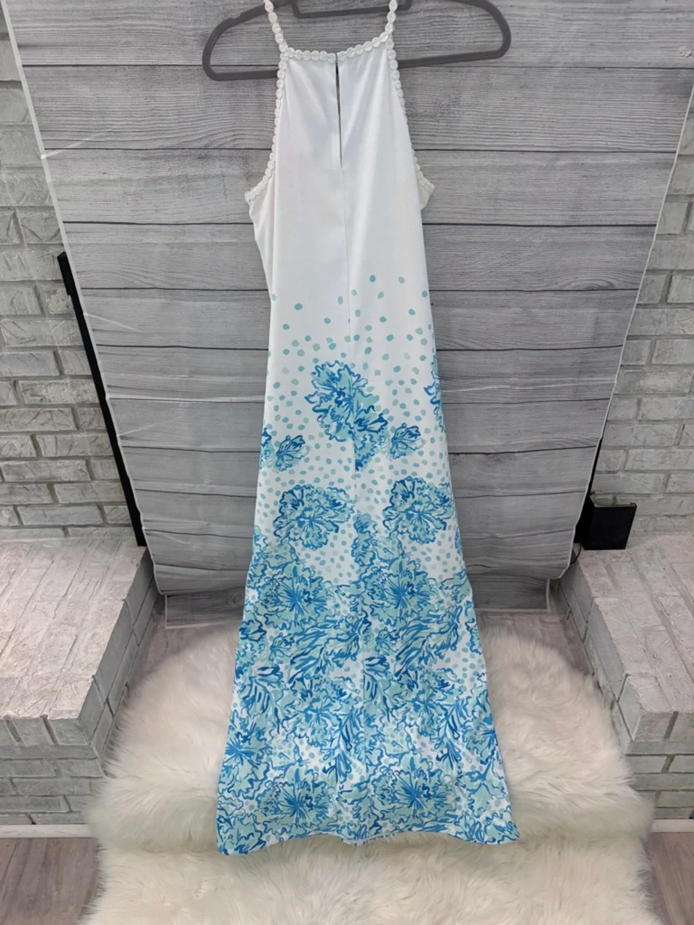 Lilly Pulitzer White and Blue Crochet Halter Floral Maxi Dress - Picture 6 of 9